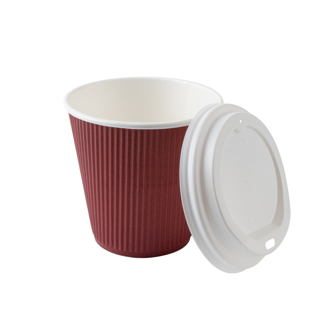Restpresso 8 oz Crimson Paper Ripple Wall Coffee Cup - with White Lid - 3 1/2" x 3 1/2" x 4" - 400 count box