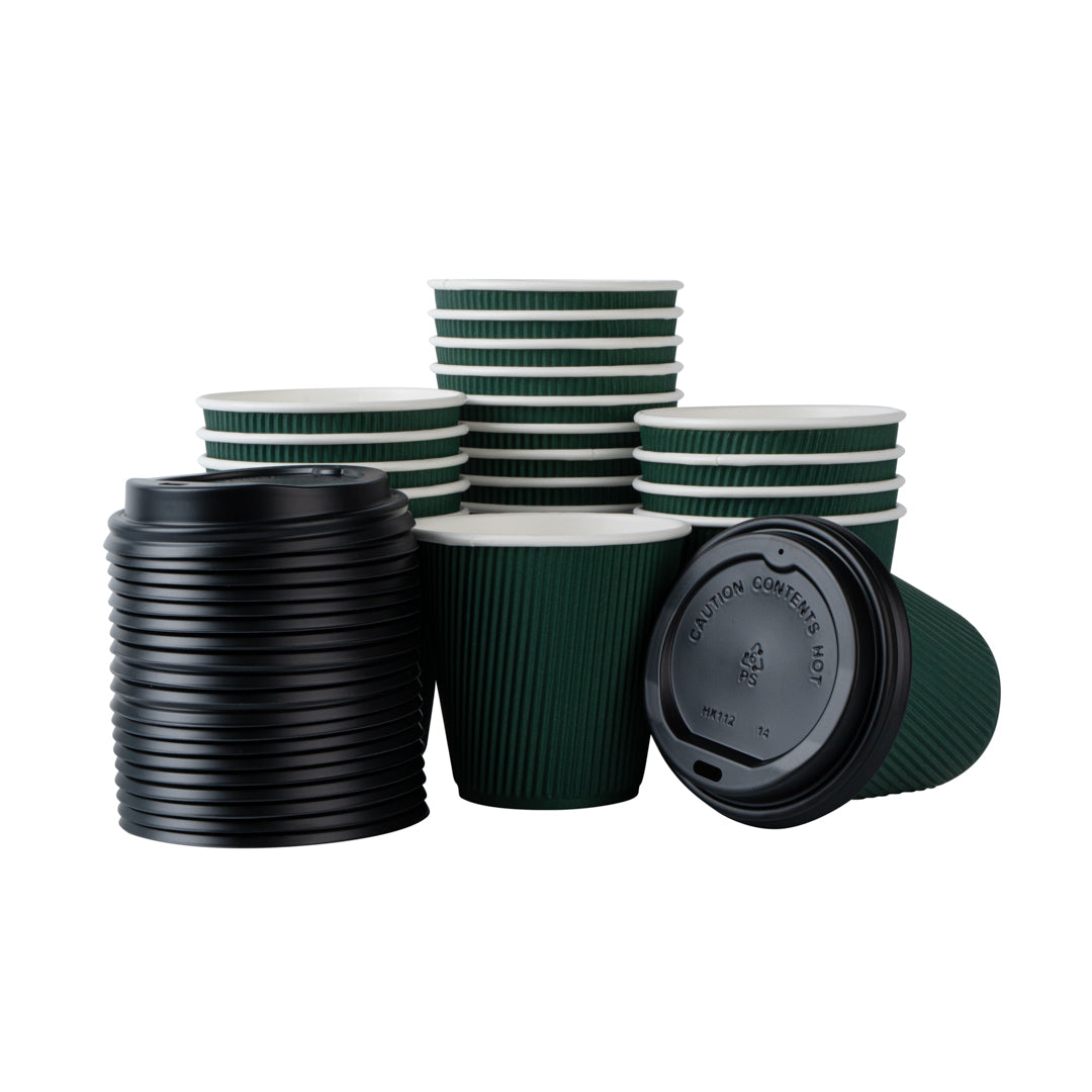 Restpresso 8 oz Forest Green Paper Ripple Wall Coffee Cup - with Black Lid - 3 1/2" x 3 1/2" x 4" - 400 count box