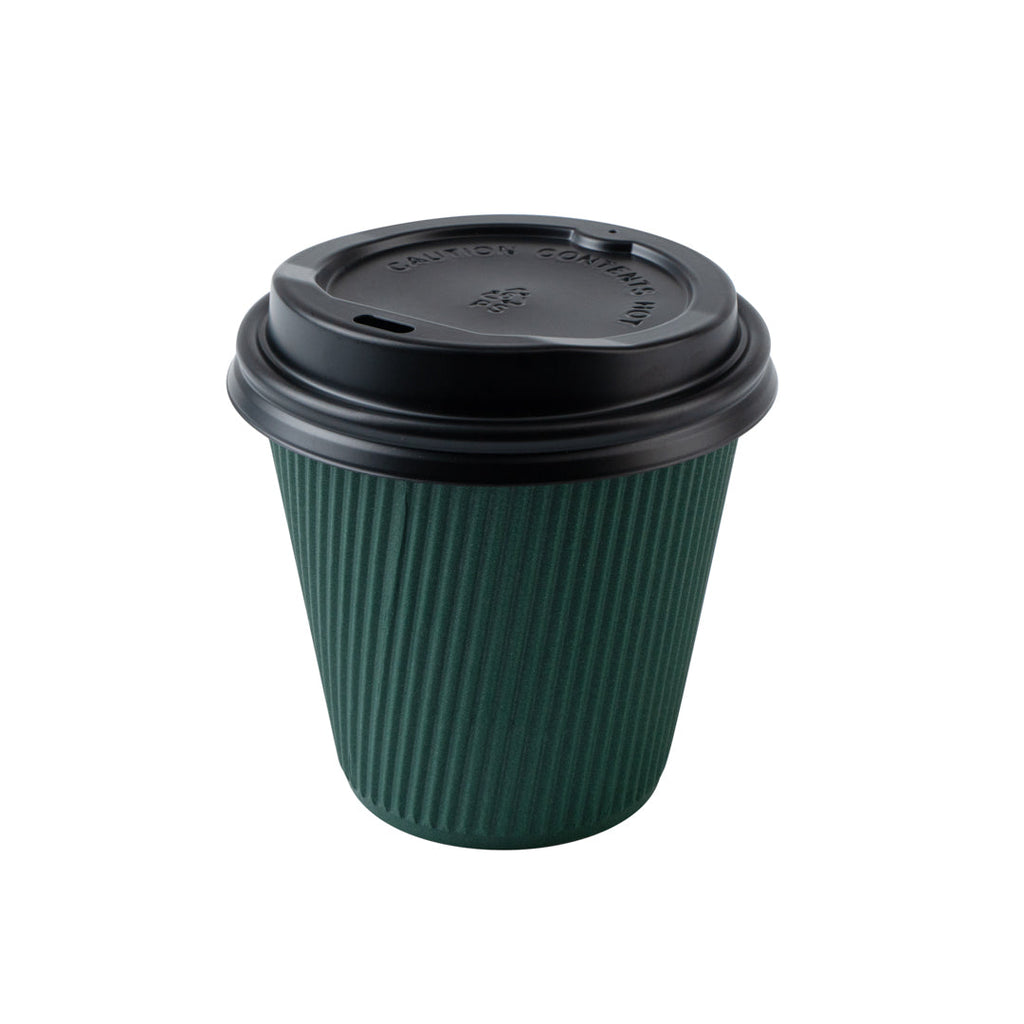 Restpresso 8 oz Forest Green Paper Ripple Wall Coffee Cup - with Black Lid - 3 1/2" x 3 1/2" x 4" - 20 count box