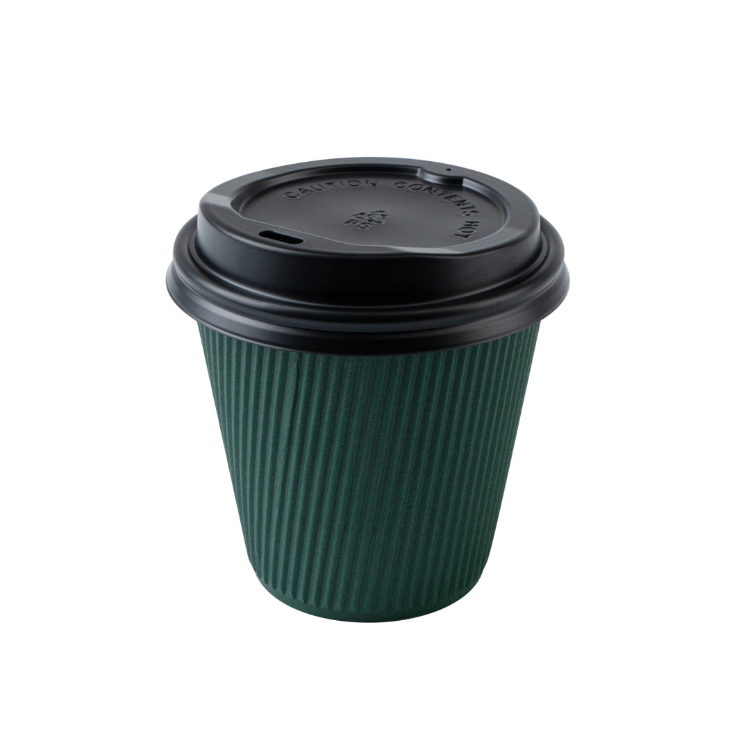 Restpresso 8 oz Forest Green Paper Ripple Wall Coffee Cup - with Black Lid - 3 1/2" x 3 1/2" x 4" - 20 count box