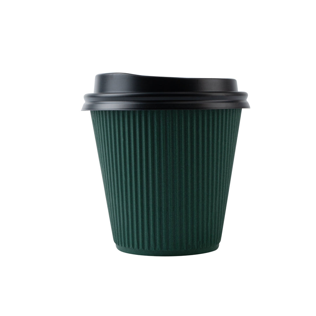 Restpresso 8 oz Forest Green Paper Ripple Wall Coffee Cup - with Black Lid - 3 1/2" x 3 1/2" x 4" - 20 count box