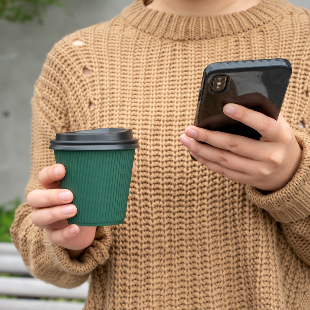 Restpresso 8 oz Forest Green Paper Ripple Wall Coffee Cup - with Black Lid - 3 1/2" x 3 1/2" x 4" - 20 count box