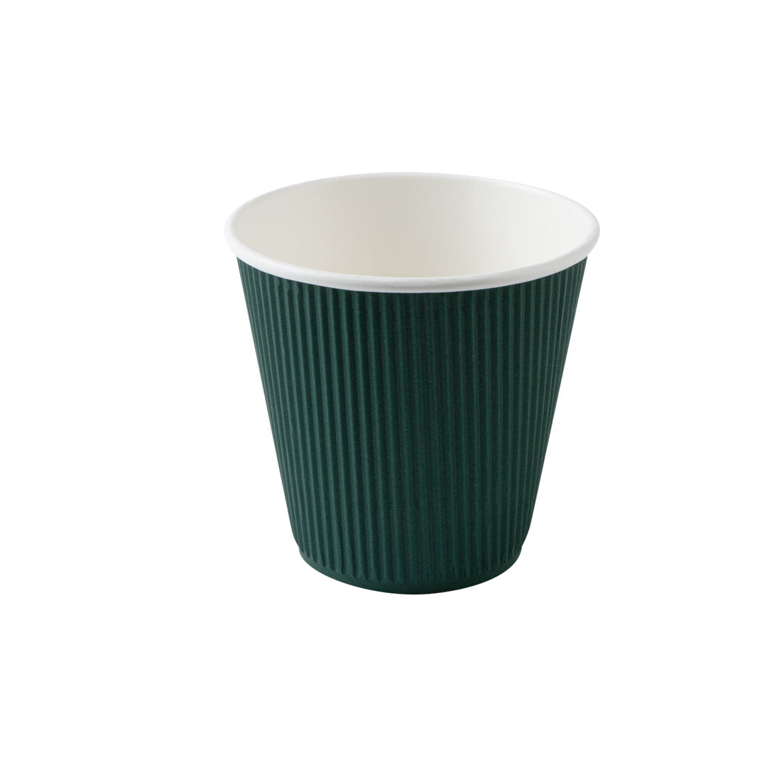 Restpresso 8 oz Forest Green Paper Ripple Wall Coffee Cup - with Black Lid - 3 1/2" x 3 1/2" x 4" - 400 count box