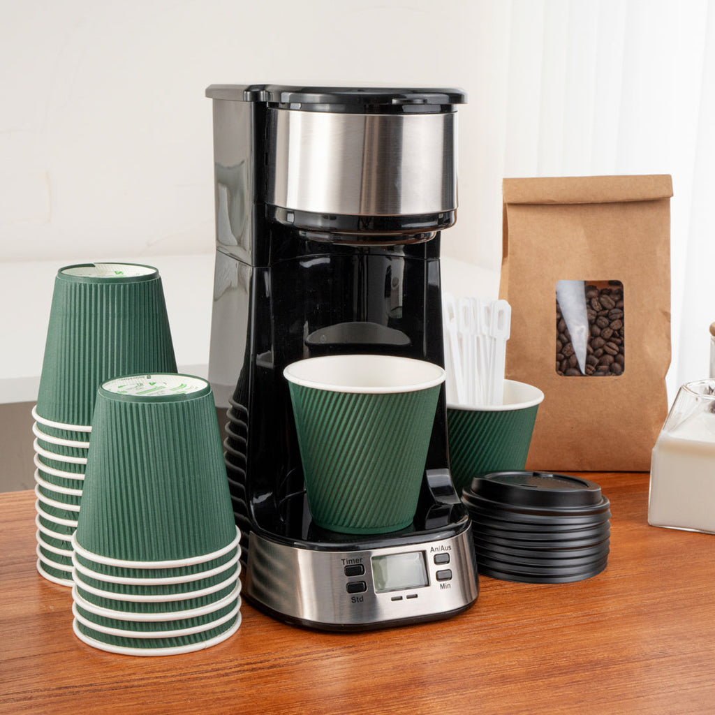 Restpresso 8 oz Forest Green Paper Ripple Wall Coffee Cup - with Black Lid - 3 1/2" x 3 1/2" x 4" - 400 count box