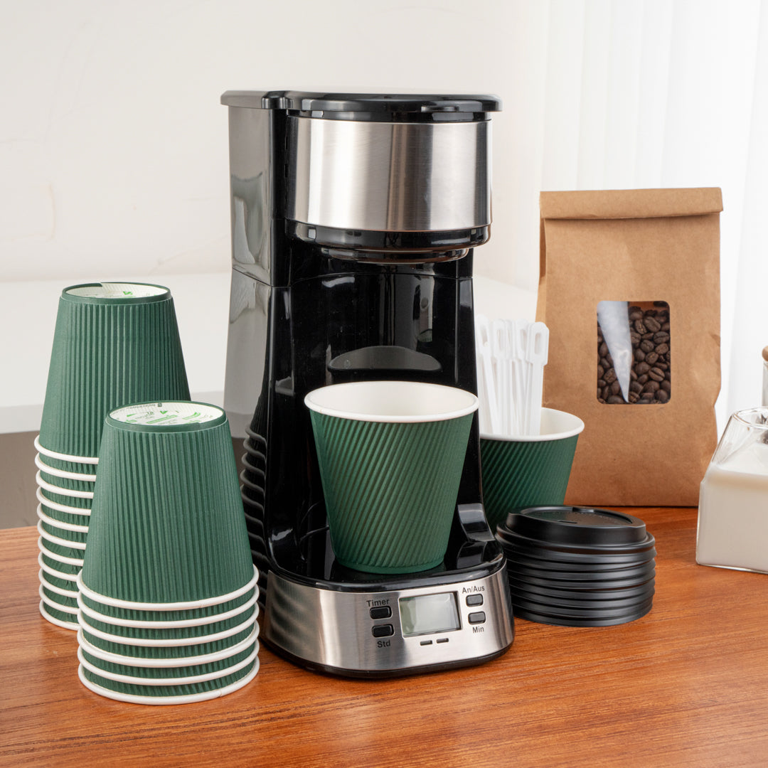 Restpresso 8 oz Forest Green Paper Ripple Wall Coffee Cup - with Black Lid - 3 1/2" x 3 1/2" x 4" - 400 count box