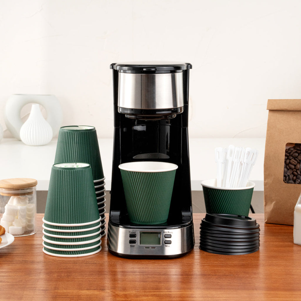 Restpresso 8 oz Forest Green Paper Ripple Wall Coffee Cup - with Black Lid - 3 1/2" x 3 1/2" x 4" - 400 count box