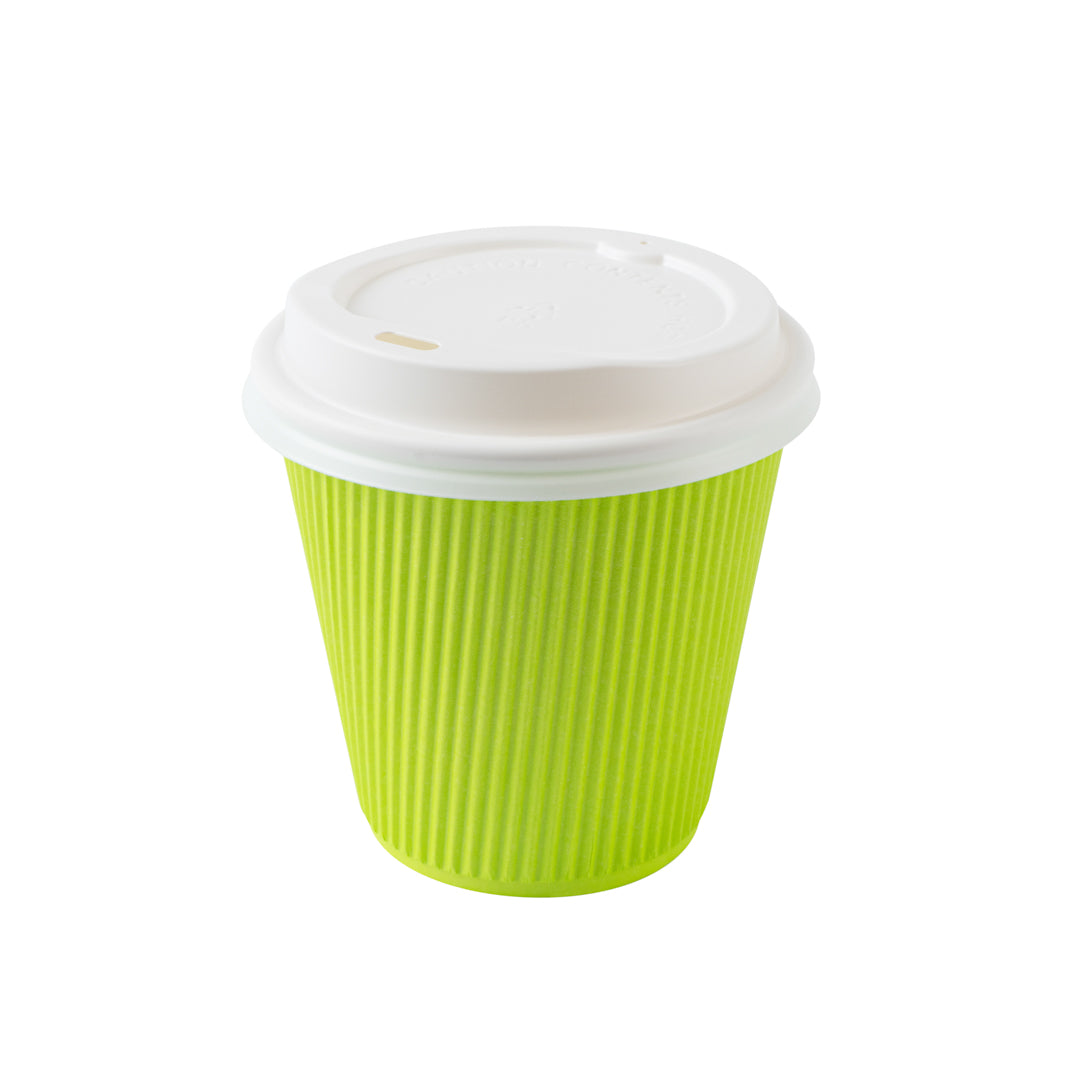 Restpresso 8 oz Eco Green Paper Ripple Wall Coffee Cup - with White Lid - 3 1/2" x 3 1/2" x 4" - 20 count box
