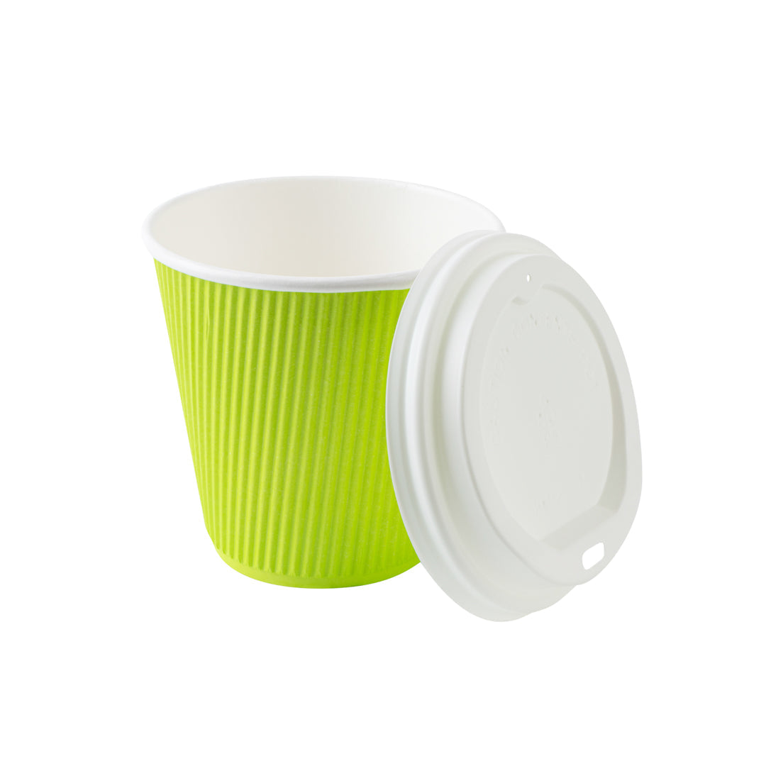 Restpresso 8 oz Eco Green Paper Ripple Wall Coffee Cup - with White Lid - 3 1/2" x 3 1/2" x 4" - 20 count box