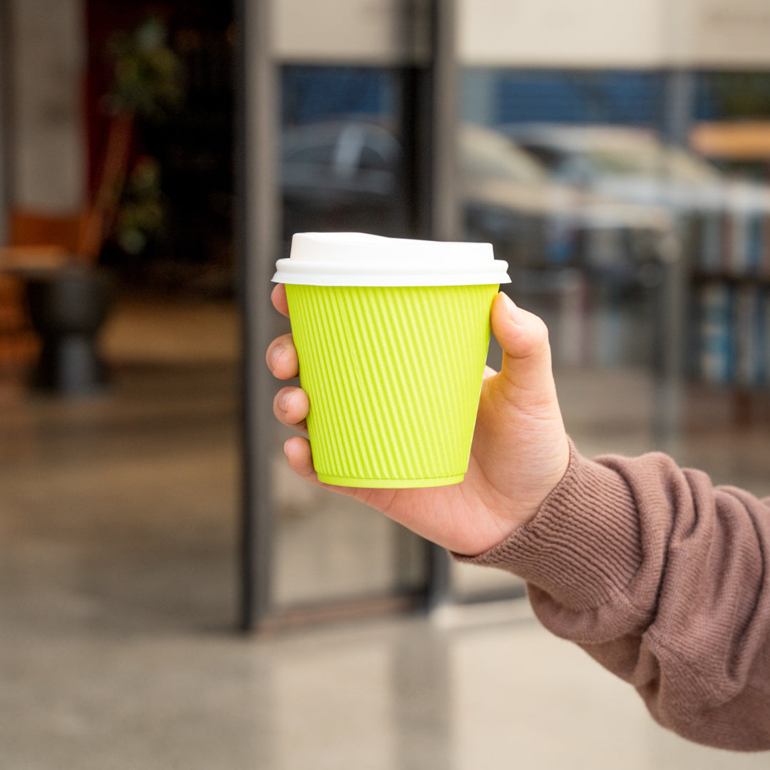 Restpresso 8 oz Eco Green Paper Ripple Wall Coffee Cup - with White Lid - 3 1/2" x 3 1/2" x 4" - 20 count box