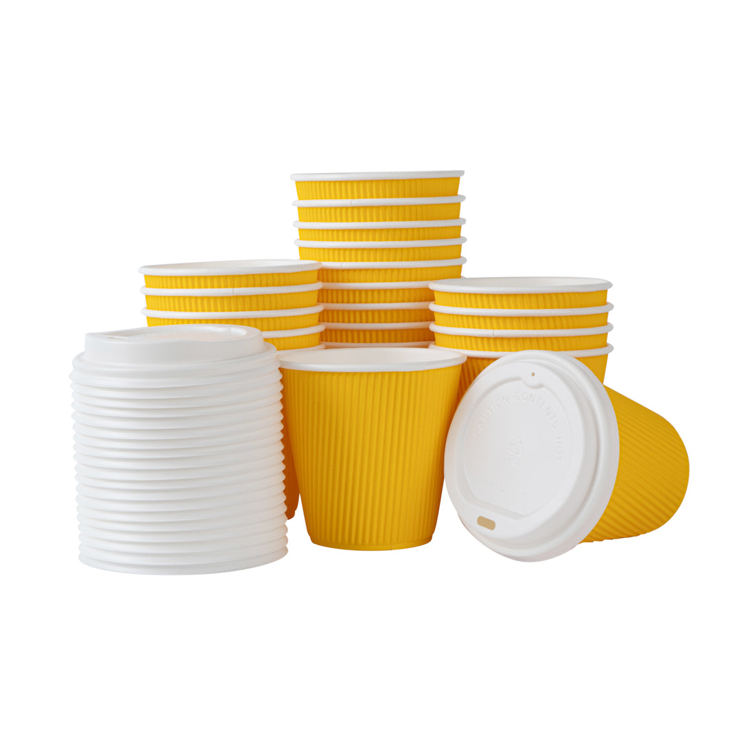 Restpresso 8 oz Yellow Paper Ripple Wall Coffee Cup - with White Lid - 3 1/2" x 3 1/2" x 4" - 20 count box