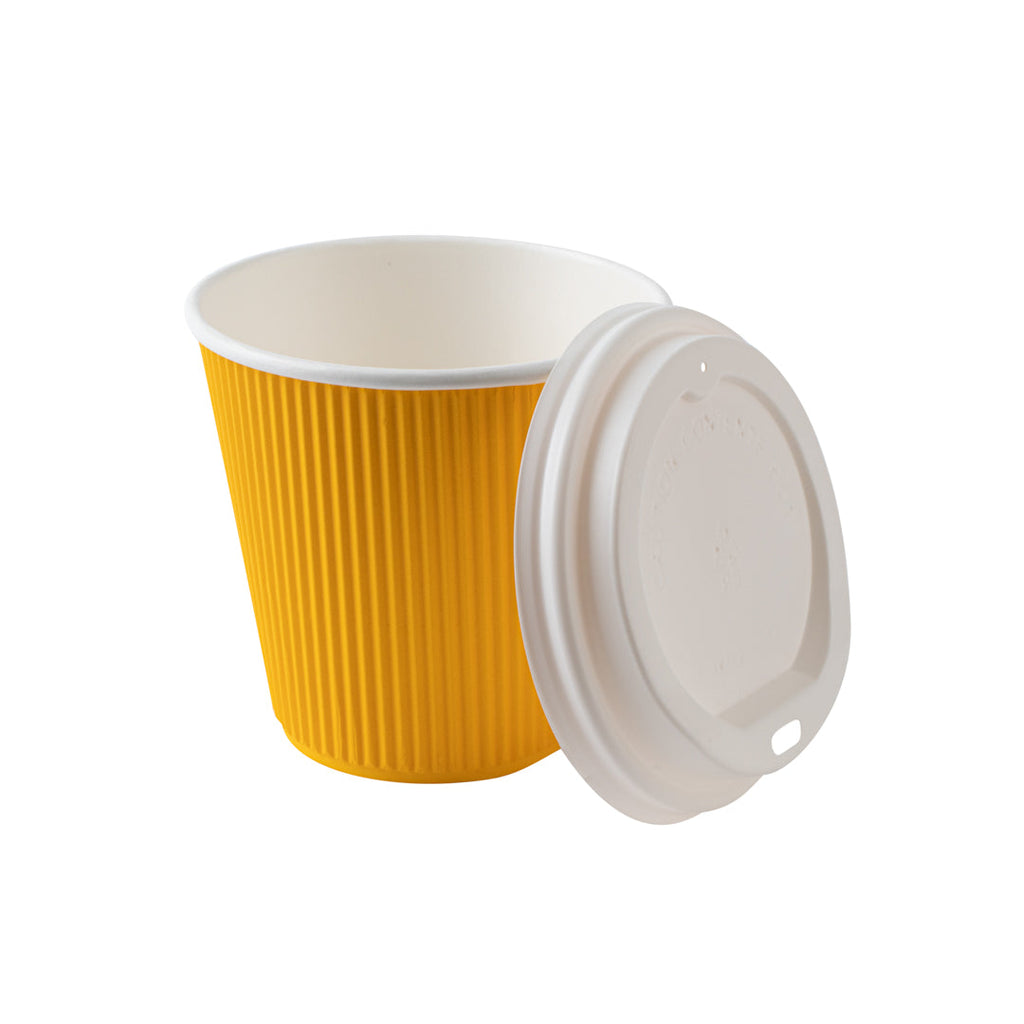 Restpresso 8 oz Yellow Paper Ripple Wall Coffee Cup - with White Lid - 3 1/2" x 3 1/2" x 4" - 20 count box