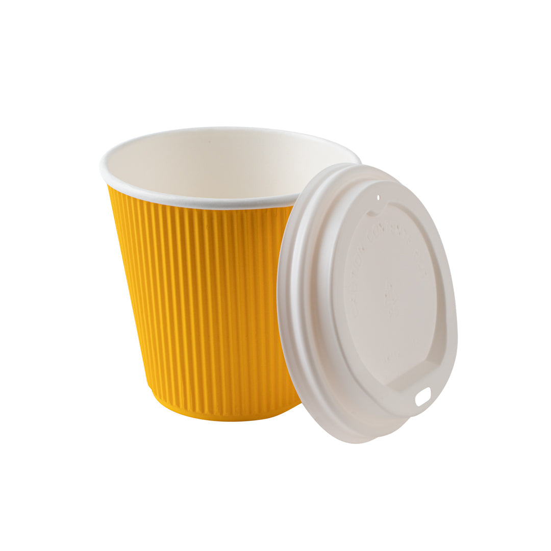 Restpresso 8 oz Yellow Paper Ripple Wall Coffee Cup - with White Lid - 3 1/2" x 3 1/2" x 4" - 20 count box