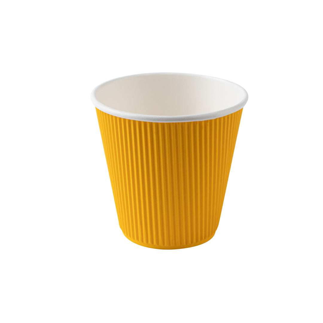 Restpresso 8 oz Yellow Paper Ripple Wall Coffee Cup - with White Lid - 3 1/2" x 3 1/2" x 4" - 20 count box