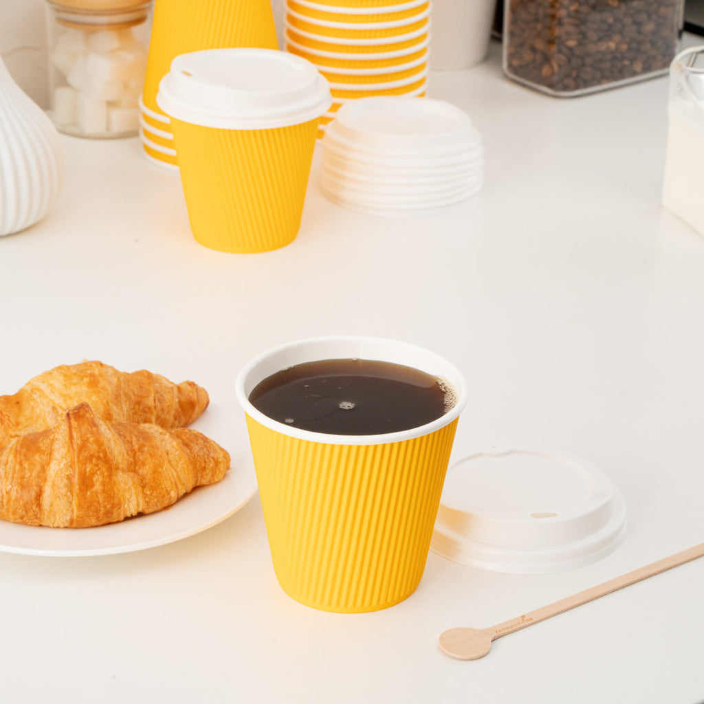 Restpresso 8 oz Yellow Paper Ripple Wall Coffee Cup - with White Lid - 3 1/2" x 3 1/2" x 4" - 20 count box