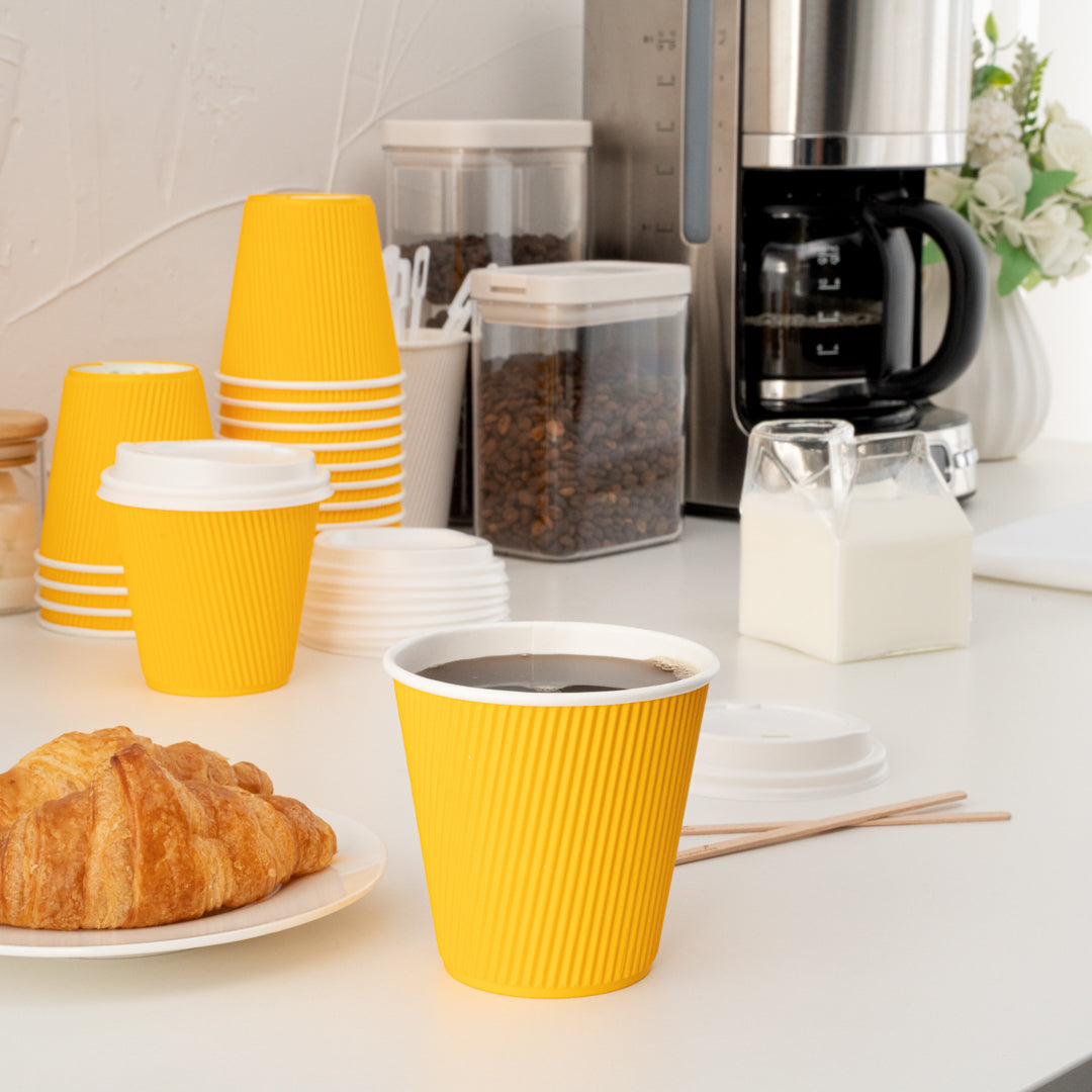 Restpresso 8 oz Yellow Paper Ripple Wall Coffee Cup - with White Lid - 3 1/2" x 3 1/2" x 4" - 20 count box