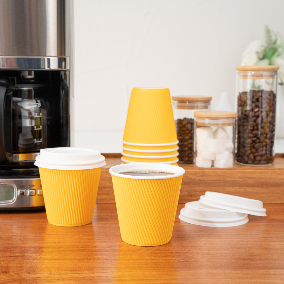 Restpresso 8 oz Yellow Paper Ripple Wall Coffee Cup - with White Lid - 3 1/2" x 3 1/2" x 4" - 20 count box