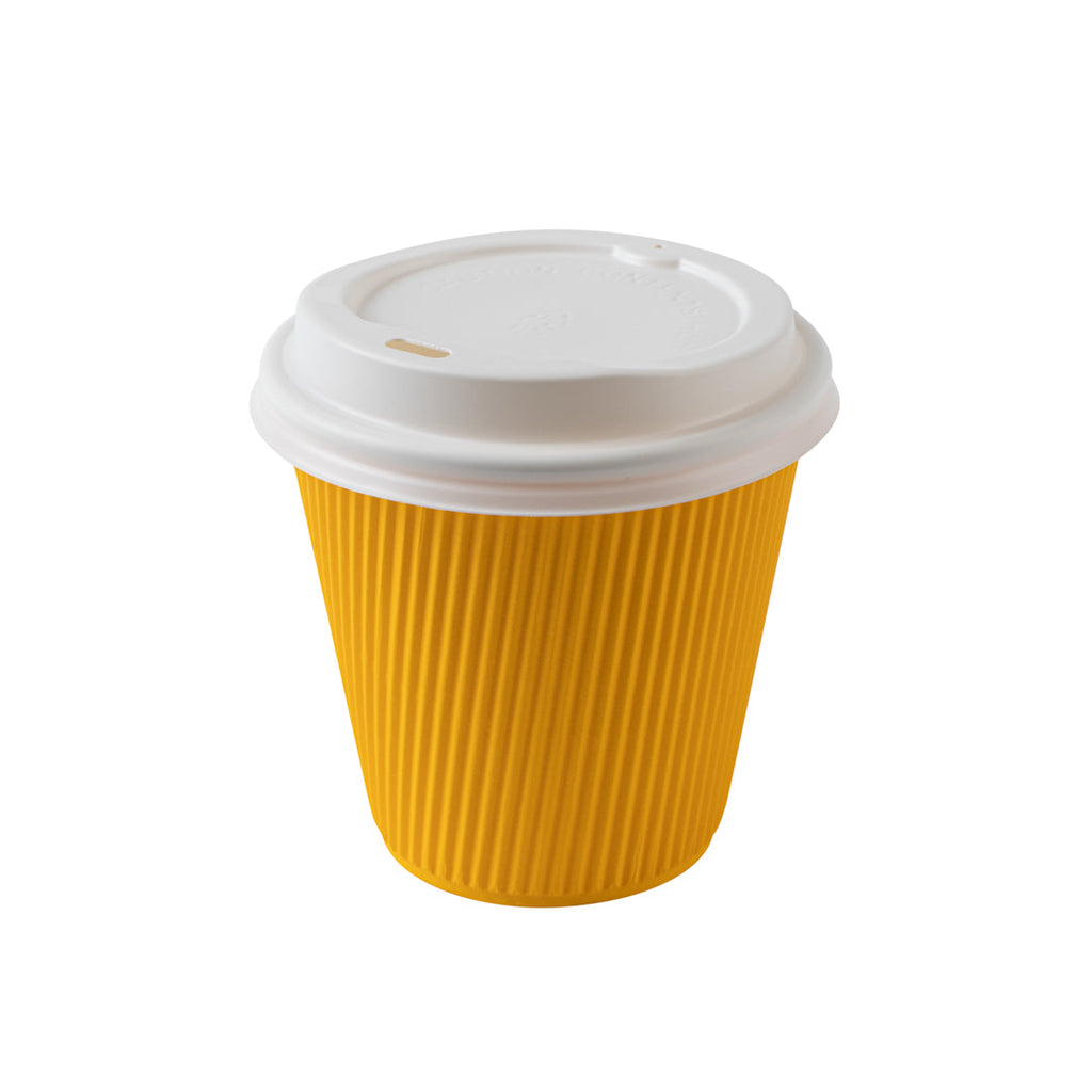 Restpresso 8 oz Yellow Paper Ripple Wall Coffee Cup - with White Lid - 3 1/2" x 3 1/2" x 4" - 400 count box