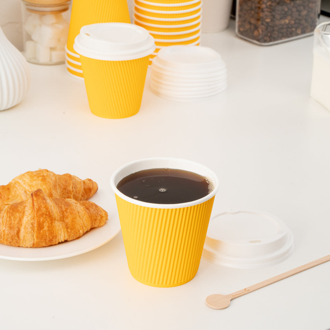 Restpresso 8 oz Yellow Paper Ripple Wall Coffee Cup - with White Lid - 3 1/2" x 3 1/2" x 4" - 400 count box