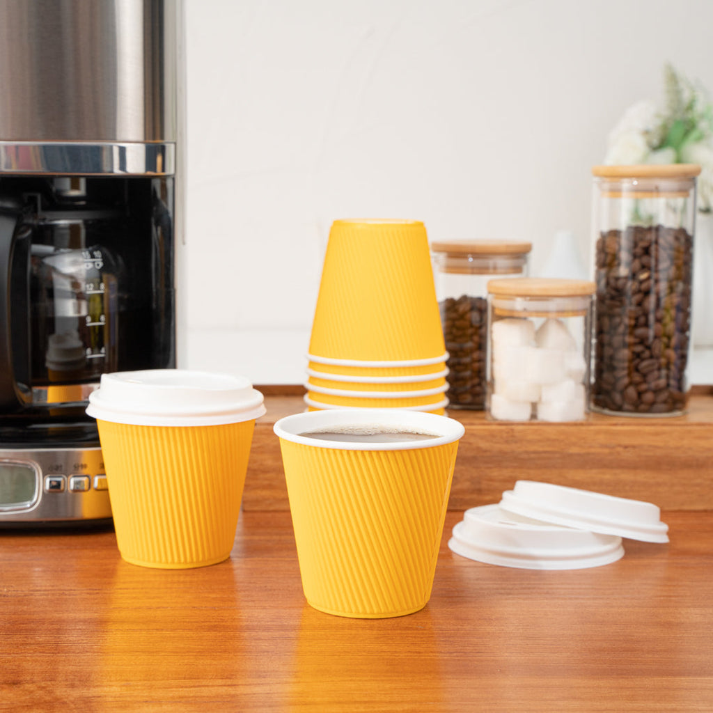 Restpresso 8 oz Yellow Paper Ripple Wall Coffee Cup - with White Lid - 3 1/2" x 3 1/2" x 4" - 400 count box