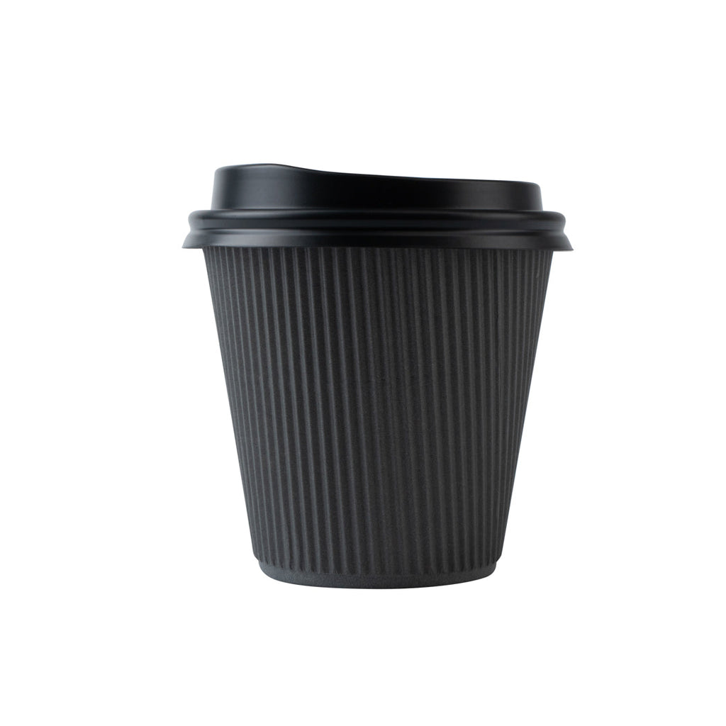Restpresso 8 oz Gray Paper Ripple Wall Coffee Cup - with Black Lid - 3 1/2" x 3 1/2" x 4" - 20 count box
