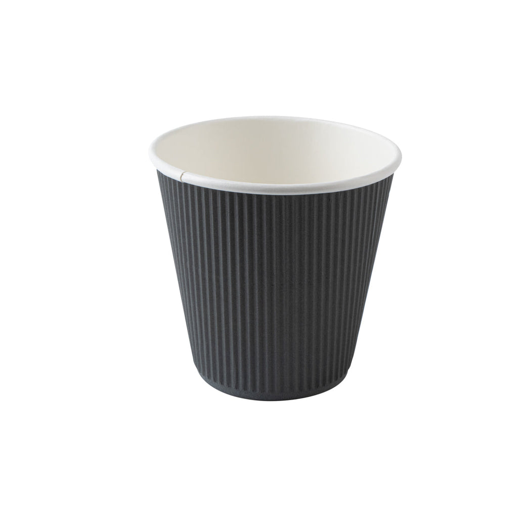 Restpresso 8 oz Gray Paper Ripple Wall Coffee Cup - with Black Lid - 3 1/2" x 3 1/2" x 4" - 20 count box