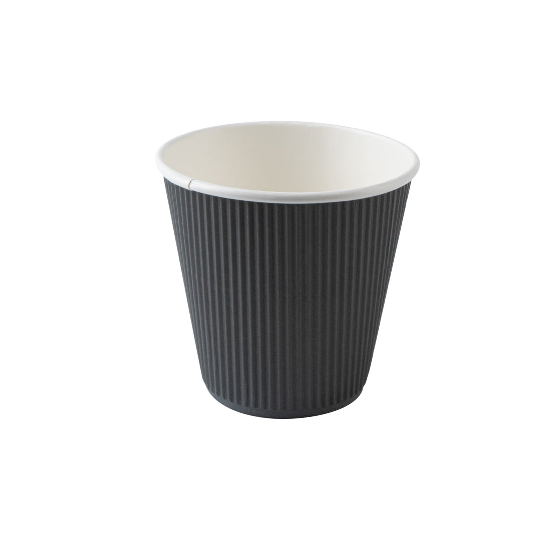 Restpresso 8 oz Gray Paper Ripple Wall Coffee Cup - with Black Lid - 3 1/2" x 3 1/2" x 4" - 20 count box