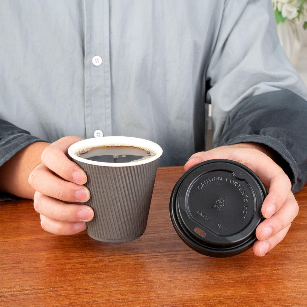 Restpresso 8 oz Gray Paper Ripple Wall Coffee Cup - with Black Lid - 3 1/2" x 3 1/2" x 4" - 20 count box