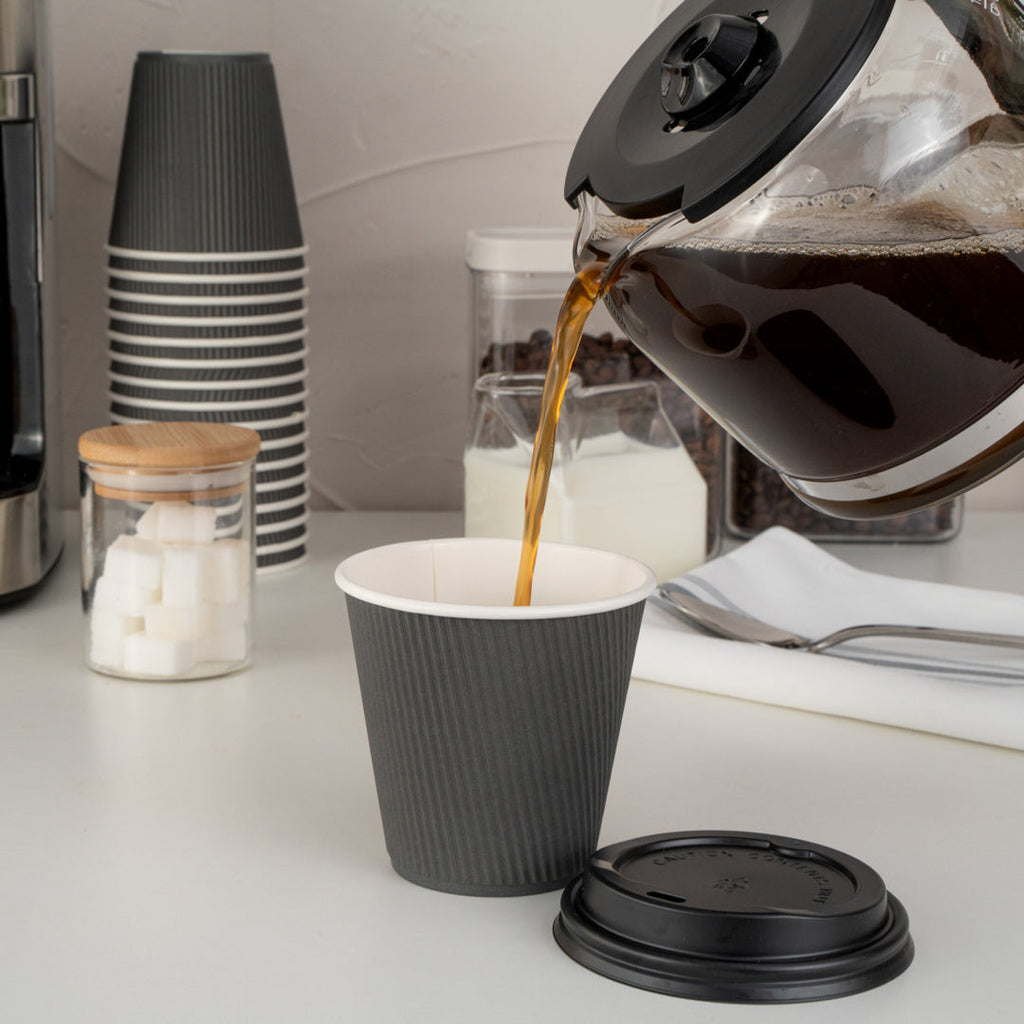 Restpresso 8 oz Gray Paper Ripple Wall Coffee Cup - with Black Lid - 3 1/2" x 3 1/2" x 4" - 20 count box