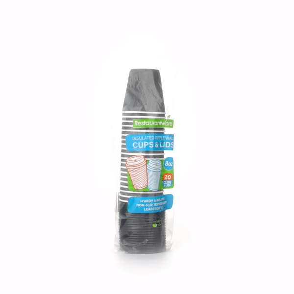 Restpresso 8 oz Gray Paper Ripple Wall Coffee Cup - with Black Lid - 3 1/2" x 3 1/2" x 4" - 400 count box
