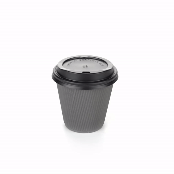 Restpresso 8 oz Gray Paper Ripple Wall Coffee Cup - with Black Lid - 3 1/2" x 3 1/2" x 4" - 400 count box