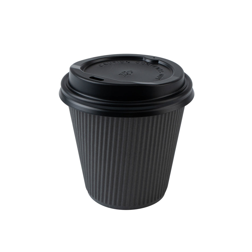 Restpresso 8 oz Gray Paper Ripple Wall Coffee Cup - with Black Lid - 3 1/2" x 3 1/2" x 4" - 400 count box