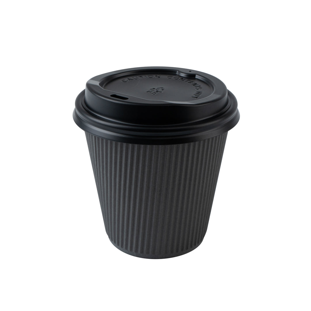 Restpresso 8 oz Gray Paper Ripple Wall Coffee Cup - with Black Lid - 3 1/2" x 3 1/2" x 4" - 400 count box