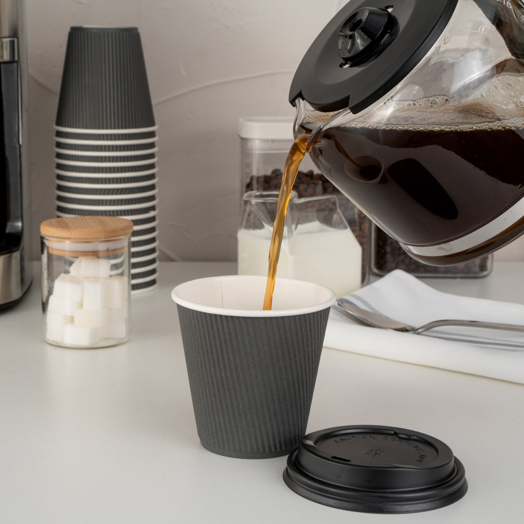 Restpresso 8 oz Gray Paper Ripple Wall Coffee Cup - with Black Lid - 3 1/2" x 3 1/2" x 4" - 400 count box