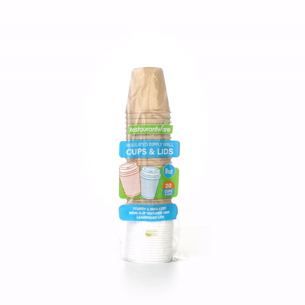Restpresso 8 oz Kraft Paper Ripple Wall Coffee Cup - with White Lid - 3 1/2" x 3 1/2" x 4" - 20 count box
