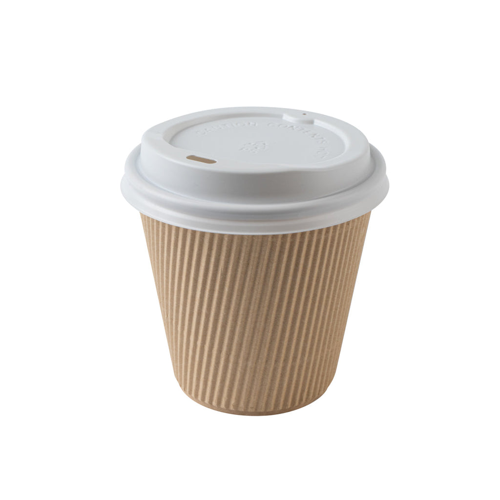 Restpresso 8 oz Kraft Paper Ripple Wall Coffee Cup - with White Lid - 3 1/2" x 3 1/2" x 4" - 20 count box
