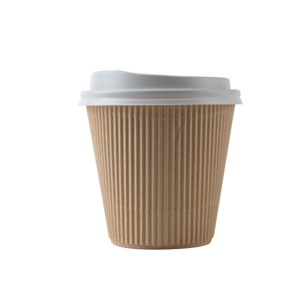 Restpresso 8 oz Kraft Paper Ripple Wall Coffee Cup - with White Lid - 3 1/2" x 3 1/2" x 4" - 20 count box