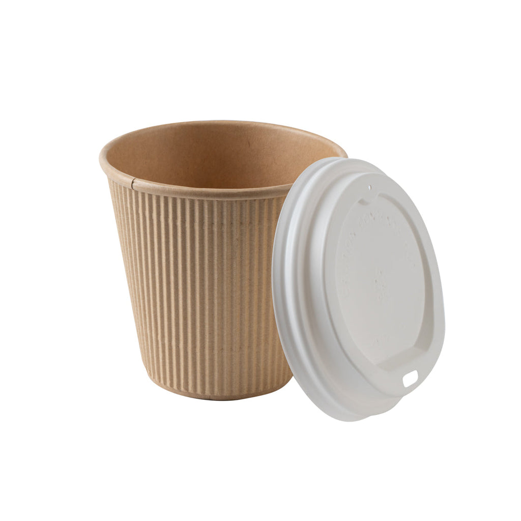 Restpresso 8 oz Kraft Paper Ripple Wall Coffee Cup - with White Lid - 3 1/2" x 3 1/2" x 4" - 20 count box