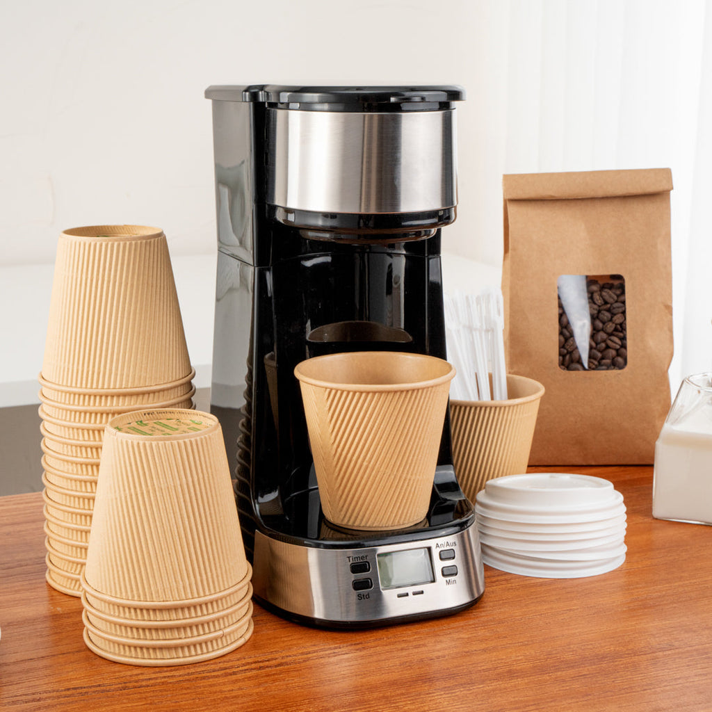 Restpresso 8 oz Kraft Paper Ripple Wall Coffee Cup - with White Lid - 3 1/2" x 3 1/2" x 4" - 20 count box