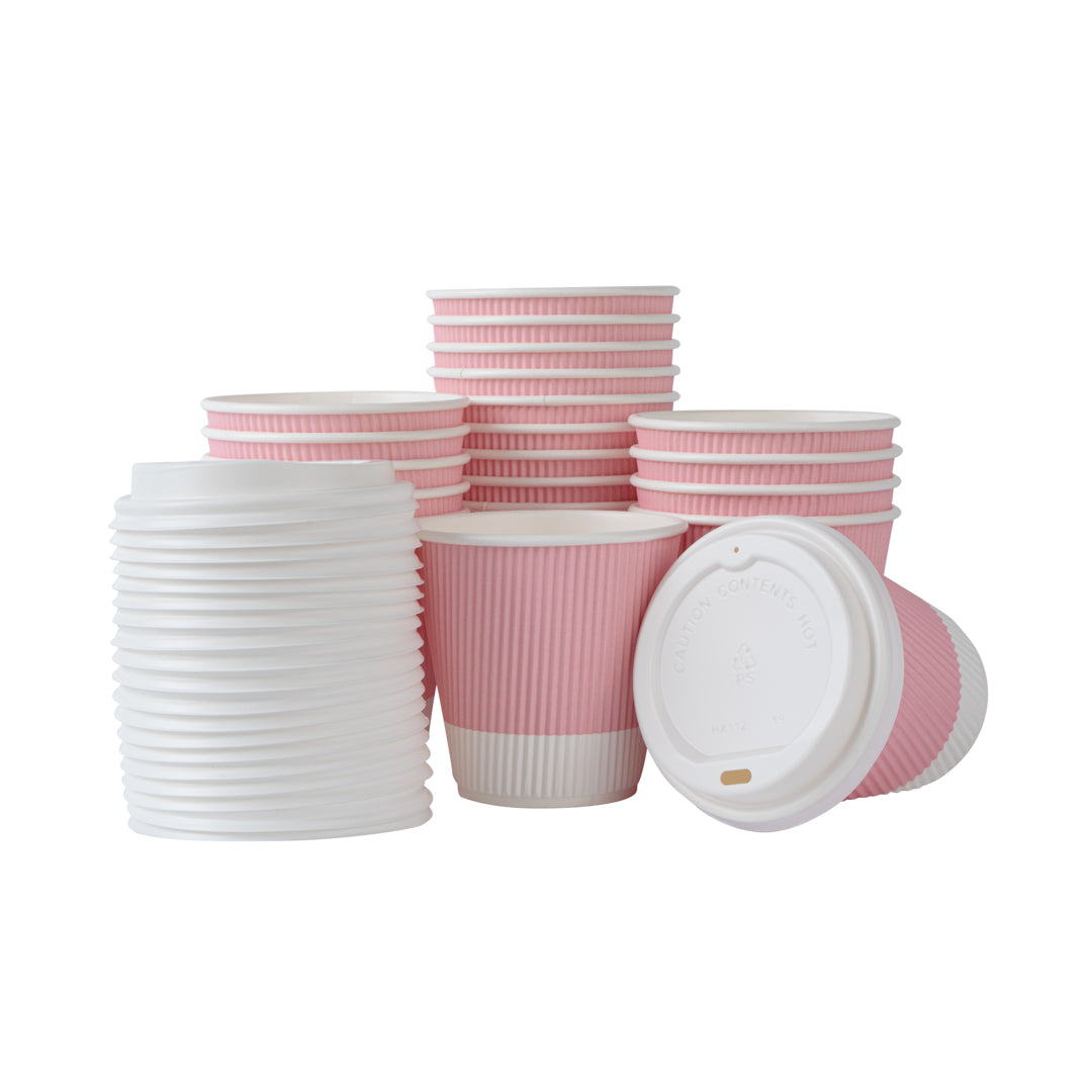Restpresso 8 oz Light Pink Paper Ripple Wall Coffee Cup - with White Lid - 3 1/2" x 3 1/2" x 4" - 20 count box