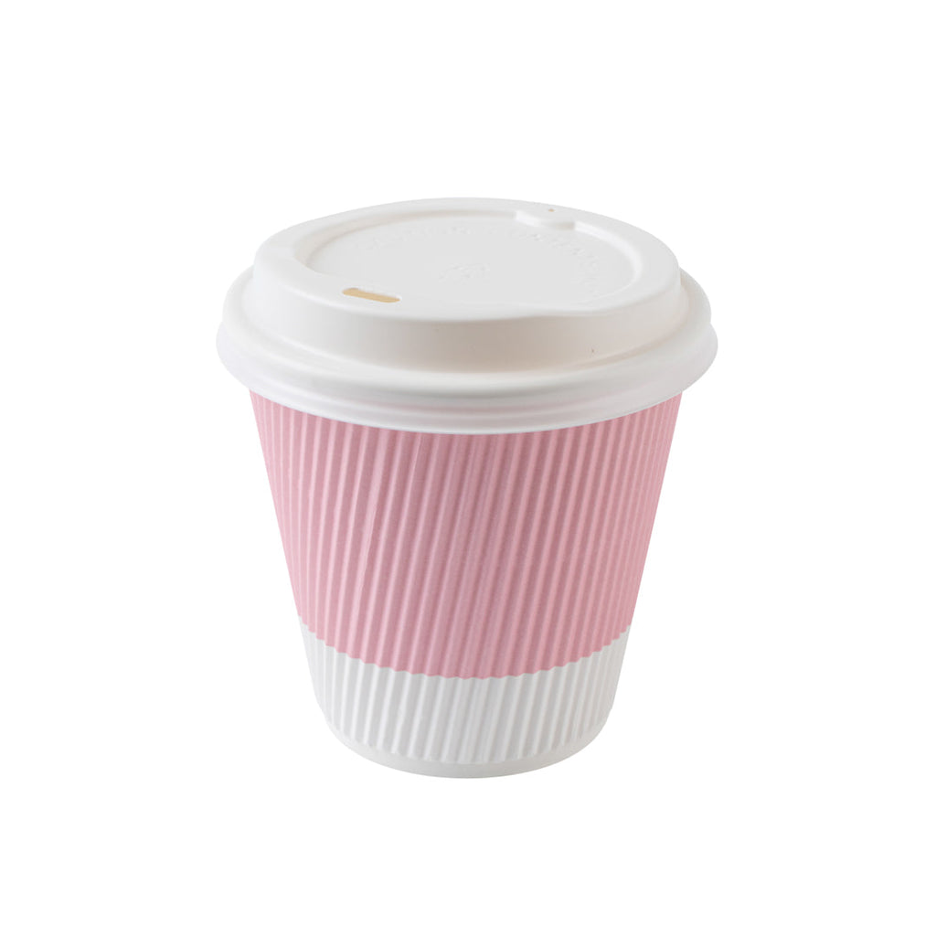 Restpresso 8 oz Light Pink Paper Ripple Wall Coffee Cup - with White Lid - 3 1/2" x 3 1/2" x 4" - 20 count box