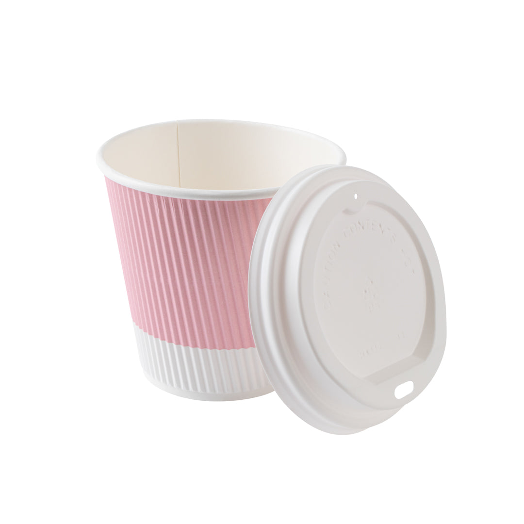 Restpresso 8 oz Light Pink Paper Ripple Wall Coffee Cup - with White Lid - 3 1/2" x 3 1/2" x 4" - 20 count box