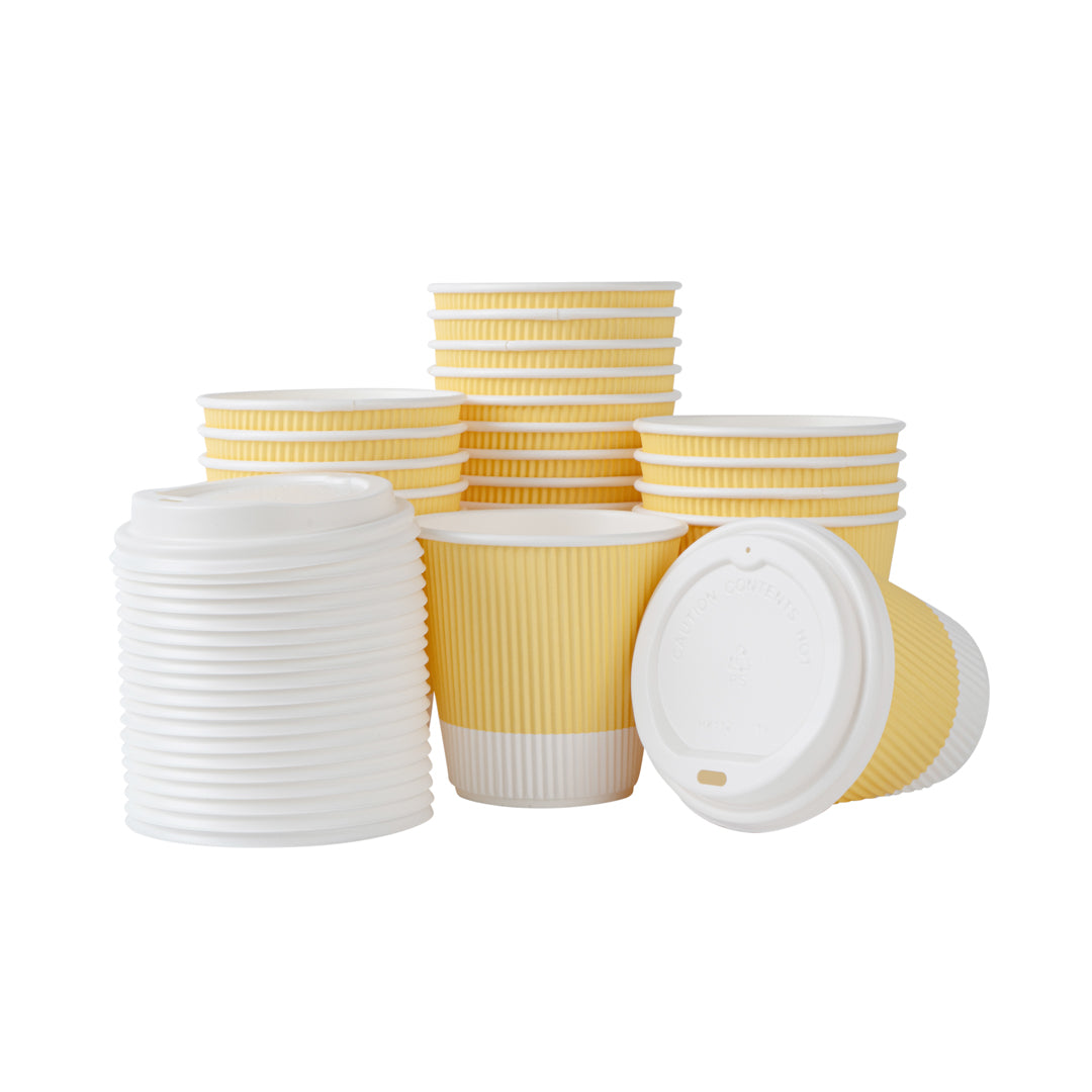 Restpresso 8 oz Light Yellow Paper Ripple Wall Coffee Cup - with White Lid - 3 1/2" x 3 1/2" x 4" - 400 count box