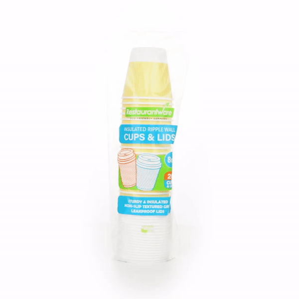 Restpresso 8 oz Light Yellow Paper Ripple Wall Coffee Cup - with White Lid - 3 1/2" x 3 1/2" x 4" - 20 count box