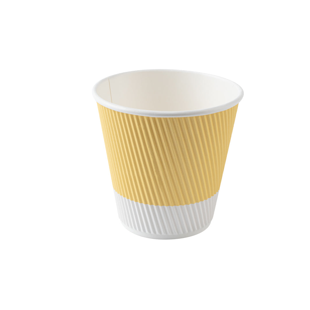 Restpresso 8 oz Light Yellow Paper Ripple Wall Coffee Cup - with White Lid - 3 1/2" x 3 1/2" x 4" - 20 count box