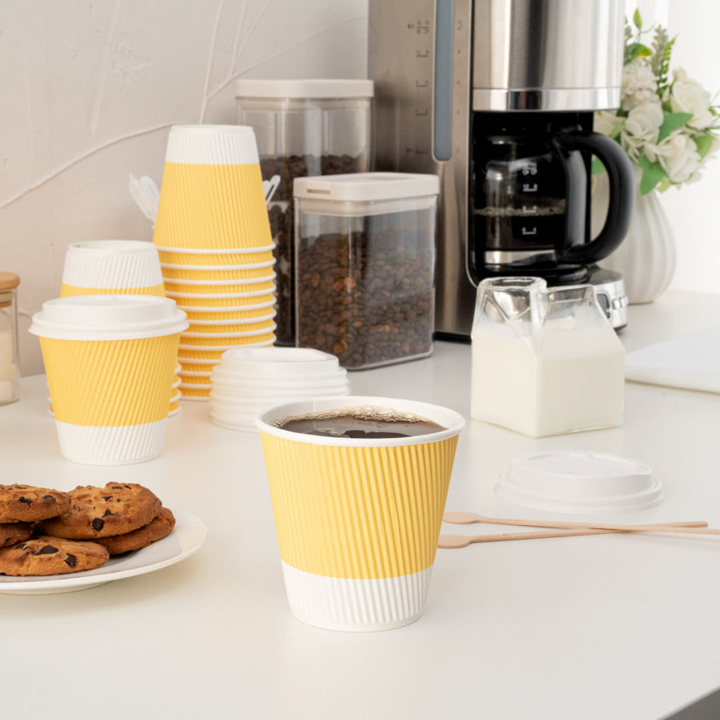 Restpresso 8 oz Light Yellow Paper Ripple Wall Coffee Cup - with White Lid - 3 1/2" x 3 1/2" x 4" - 20 count box