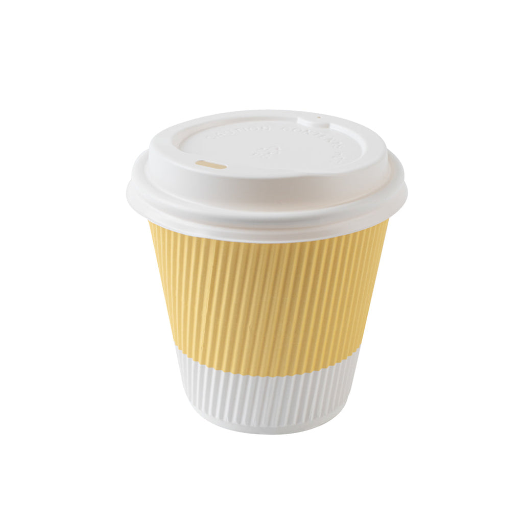 Restpresso 8 oz Light Yellow Paper Ripple Wall Coffee Cup - with White Lid - 3 1/2" x 3 1/2" x 4" - 400 count box