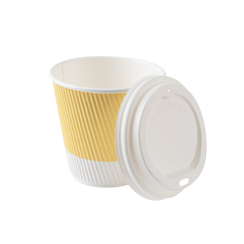 Restpresso 8 oz Light Yellow Paper Ripple Wall Coffee Cup - with White Lid - 3 1/2" x 3 1/2" x 4" - 400 count box