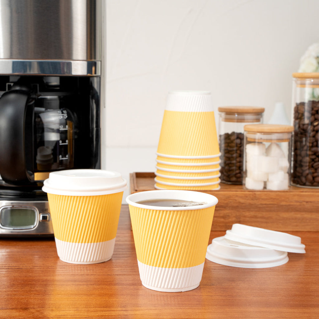 Restpresso 8 oz Light Yellow Paper Ripple Wall Coffee Cup - with White Lid - 3 1/2" x 3 1/2" x 4" - 400 count box