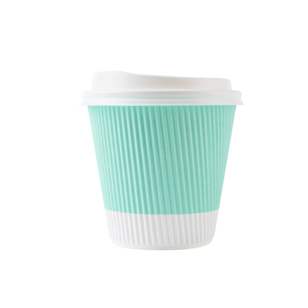 Restpresso 8 oz Light Green Paper Ripple Wall Coffee Cup - with White Lid - 3 1/2" x 3 1/2" x 4" - 20 count box