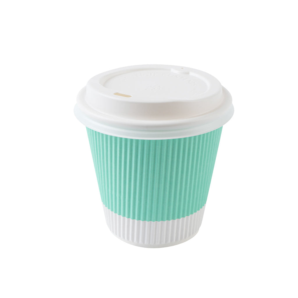 Restpresso 8 oz Light Green Paper Ripple Wall Coffee Cup - with White Lid - 3 1/2" x 3 1/2" x 4" - 400 count box